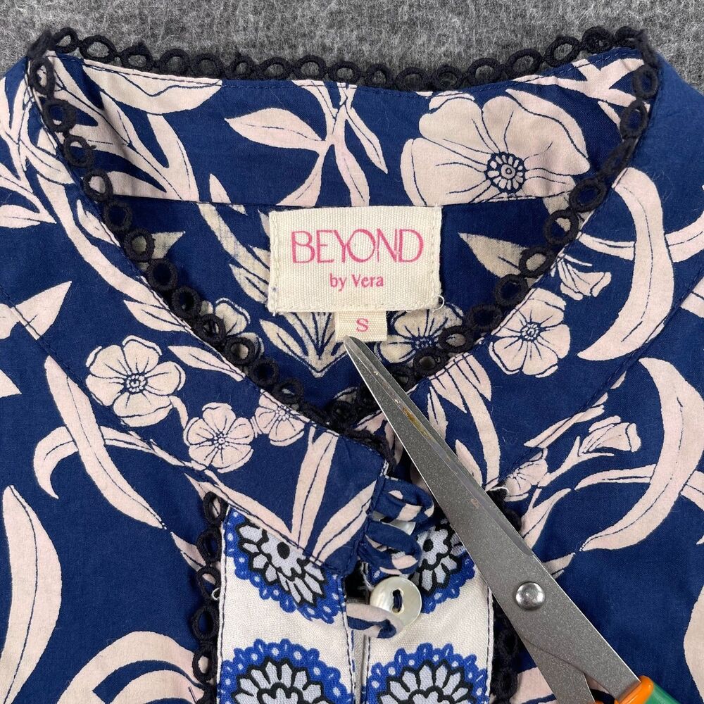 Beyond by Vera Nella Blue Ivory Floral Cotton Mini Dress S Resort Coastal Artsy - Picture 6 of 14